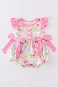 Pink floral print ruffle buttons girl romper